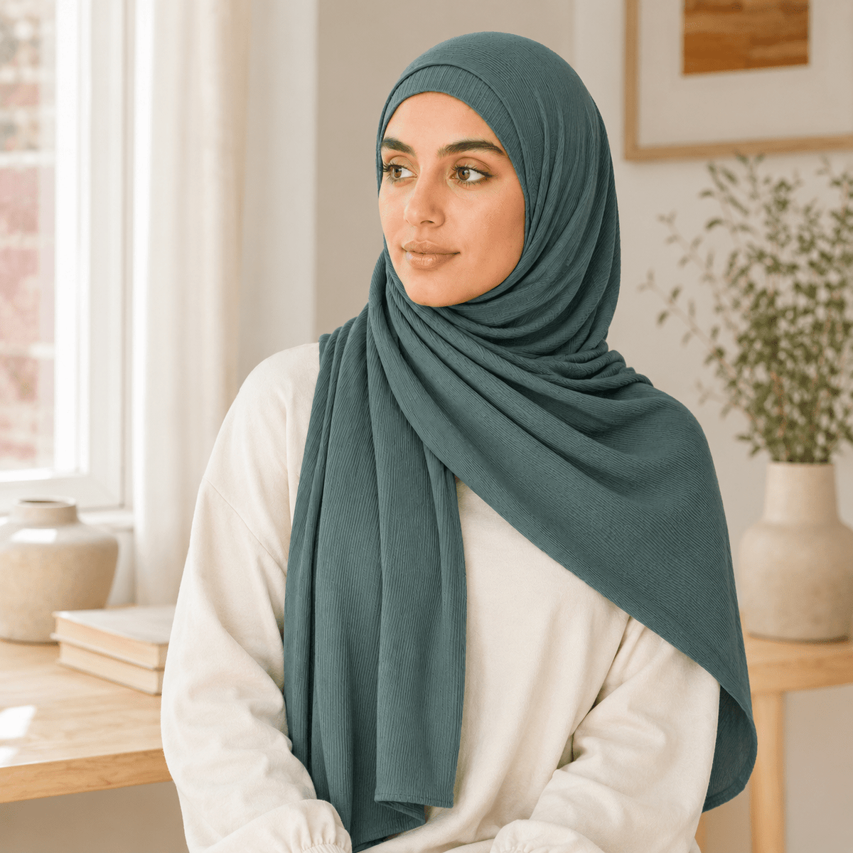 RY231 Deep Sage Green Cotton Ribbed Jersey Hijab Scarf – Soft Stretch Breathable Headscarf - Raya