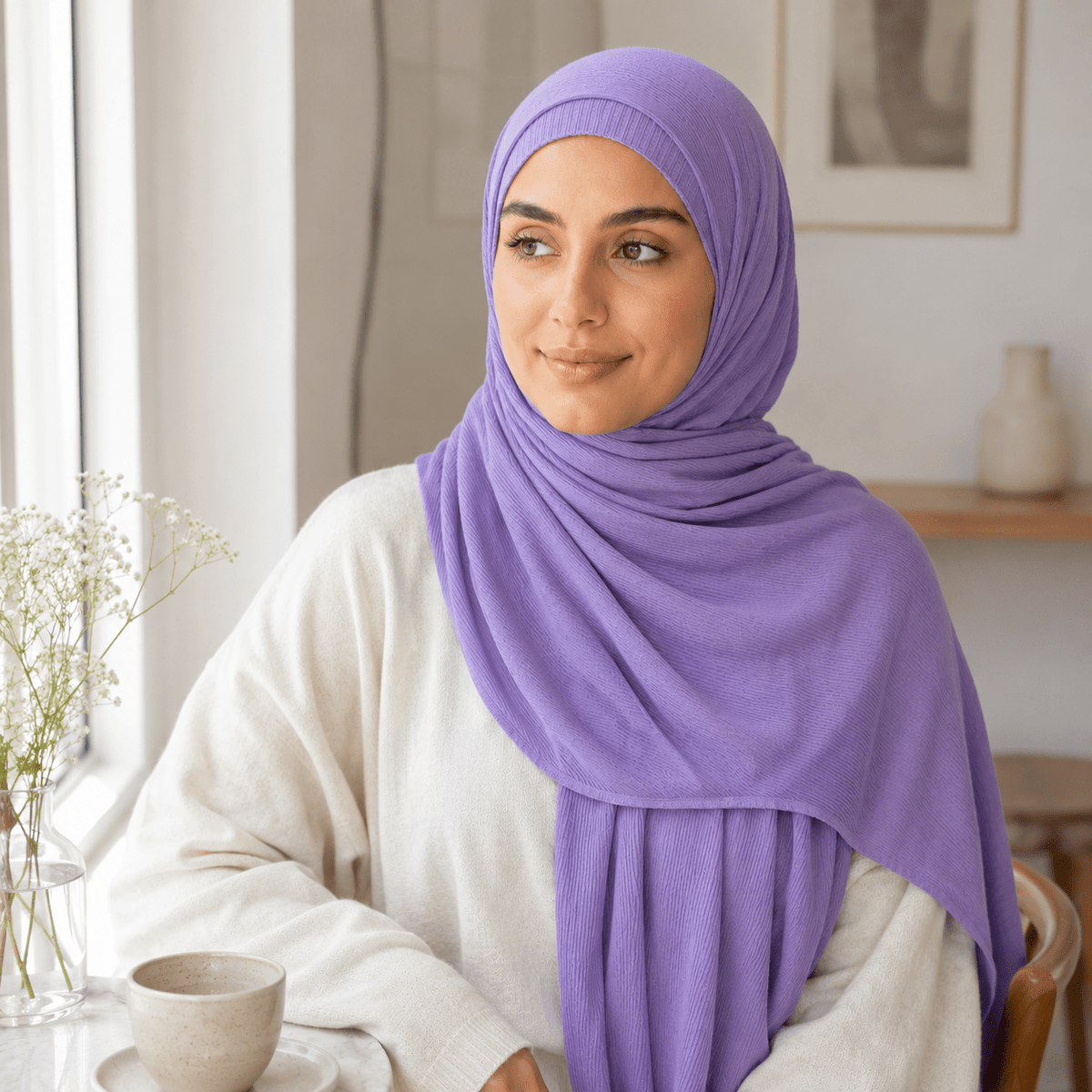 RY233 Lavender Purple Cotton Ribbed Jersey Hijab Scarf – Soft Stretch Breathable Headscarf - Raya