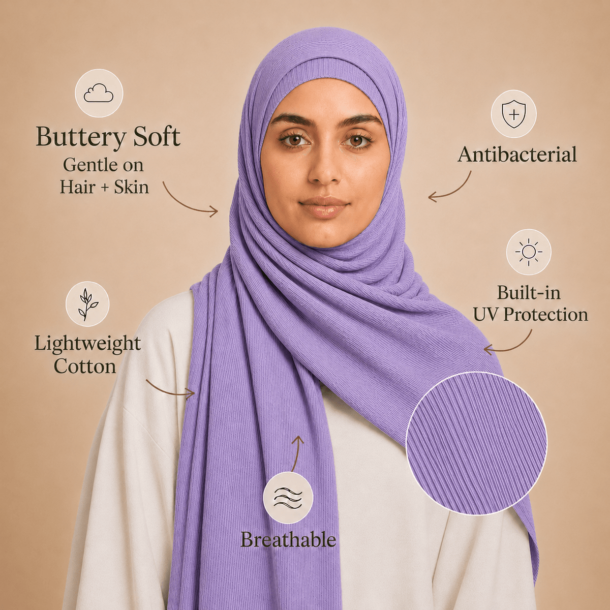 RY233 Lavender Purple Cotton Ribbed Jersey Hijab Scarf – Soft Stretch Breathable Headscarf - Raya