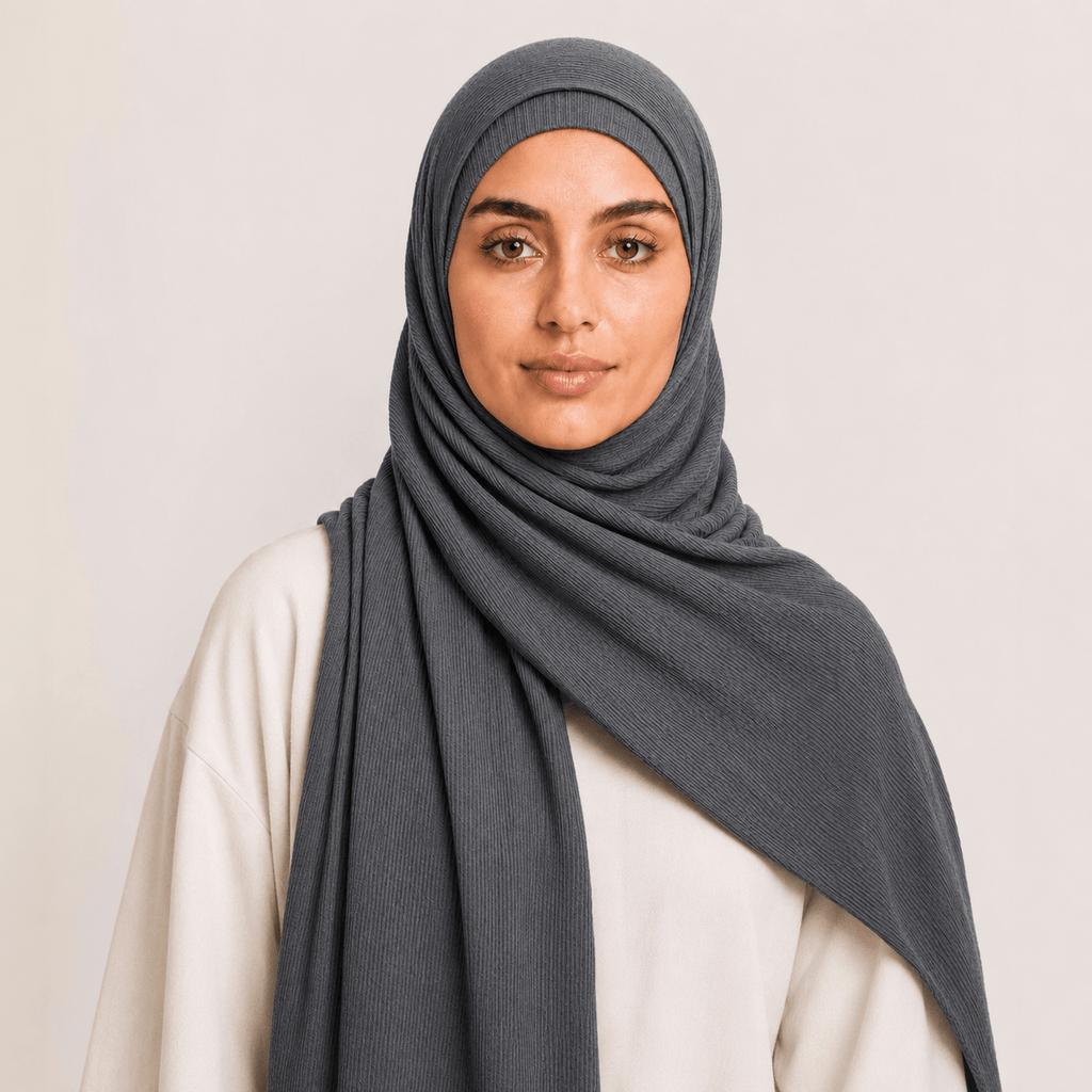 RY234 Charcoal Grey Cotton Ribbed Jersey Hijab Scarf – Soft Stretch Breathable Headscarf - Raya