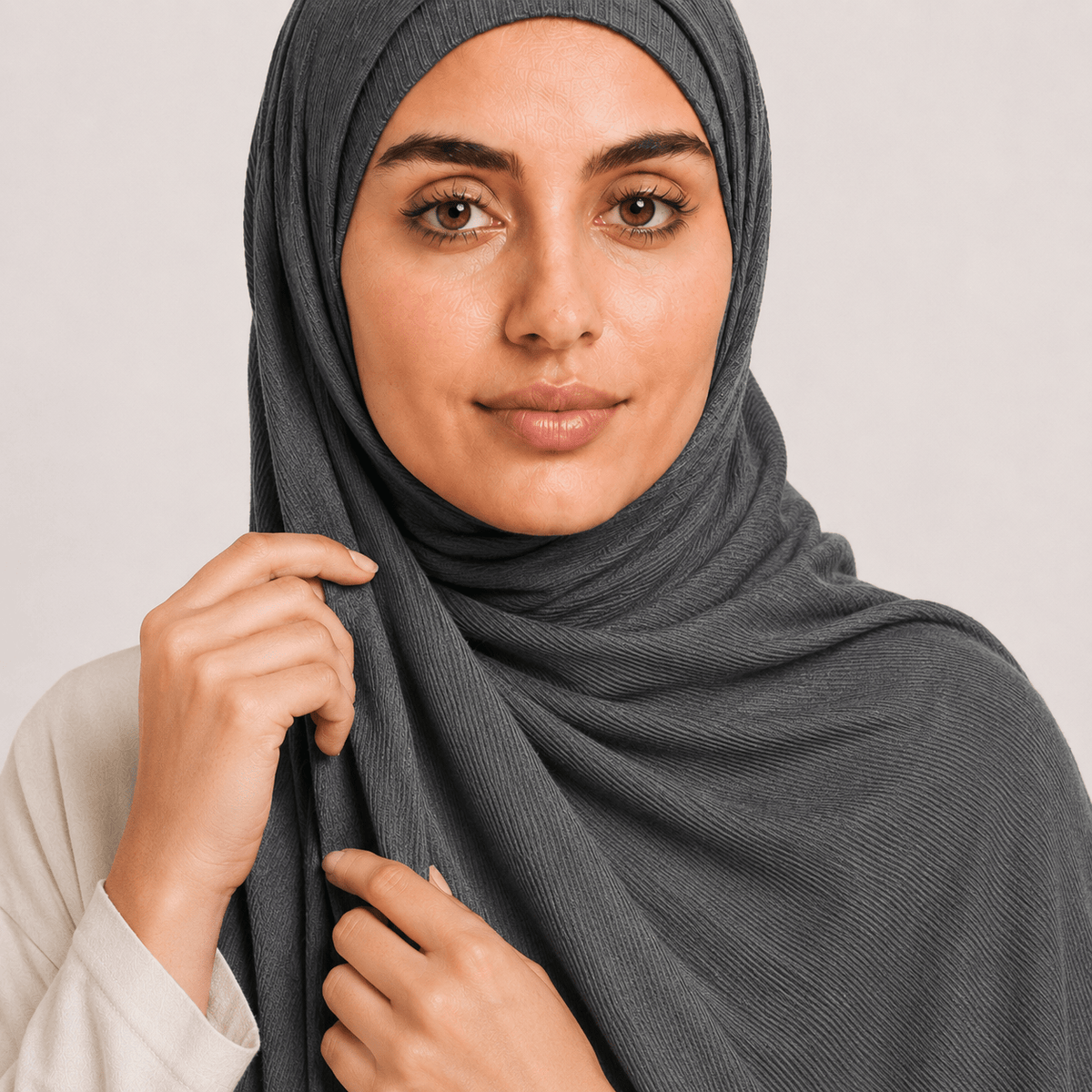 RY234 Charcoal Grey Cotton Ribbed Jersey Hijab Scarf – Soft Stretch Breathable Headscarf - Raya