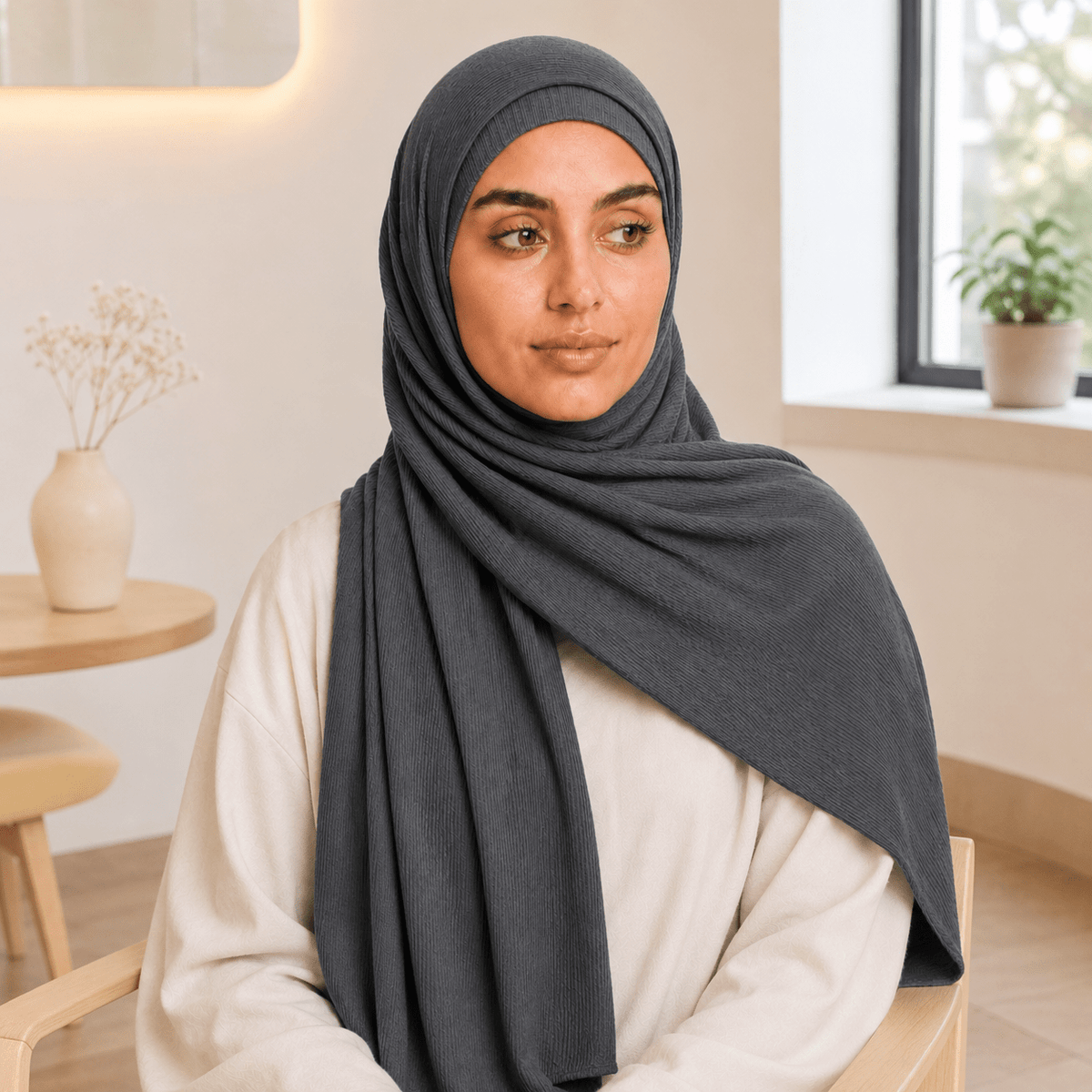 RY234 Charcoal Grey Cotton Ribbed Jersey Hijab Scarf – Soft Stretch Breathable Headscarf - Raya