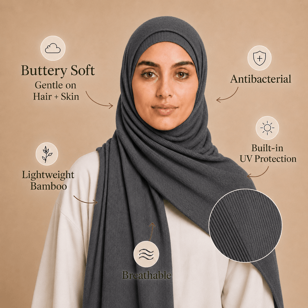 RY234 Charcoal Grey Cotton Ribbed Jersey Hijab Scarf – Soft Stretch Breathable Headscarf - Raya