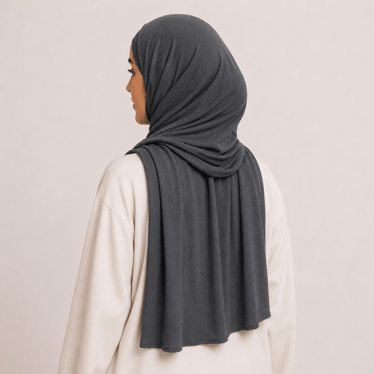 RY234 Charcoal Grey Cotton Ribbed Jersey Hijab Scarf – Soft Stretch Breathable Headscarf - Raya