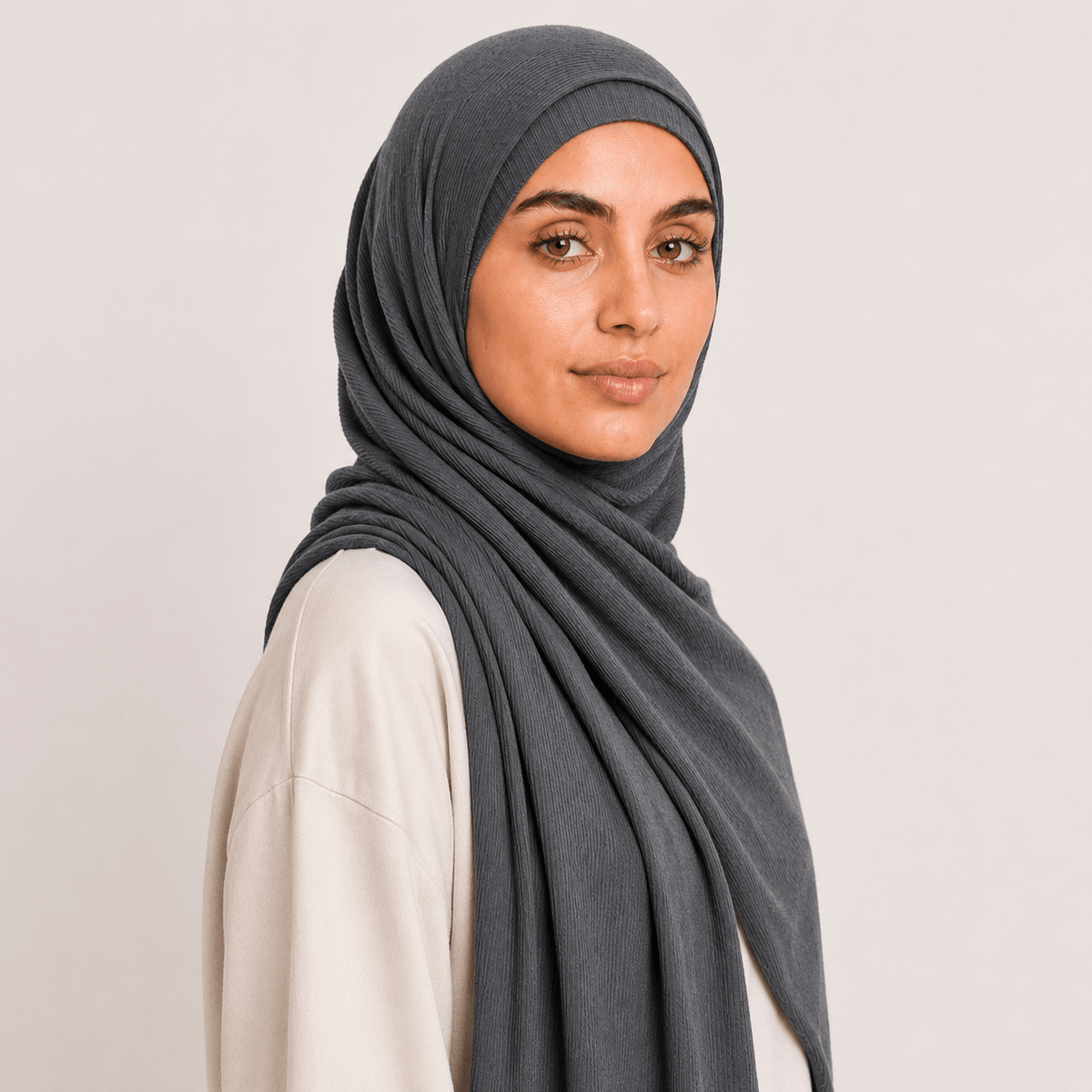 RY234 Charcoal Grey Cotton Ribbed Jersey Hijab Scarf – Soft Stretch Breathable Headscarf - Raya