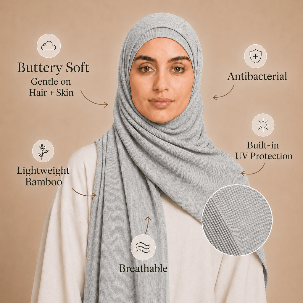 RY235 Light Heather Grey Cotton Ribbed Jersey Hijab Scarf – Soft Stretch Breathable Headscarf - Raya