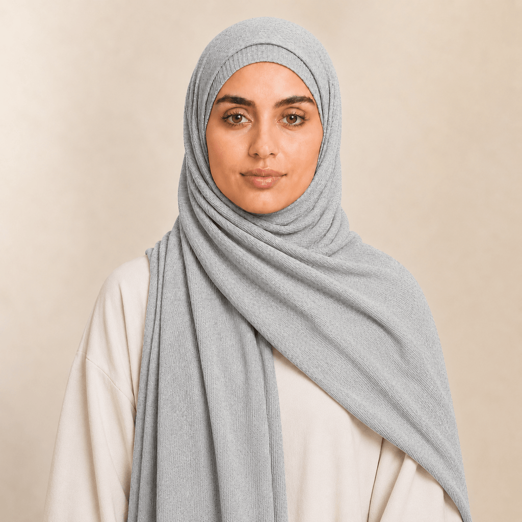 RY235 Light Heather Grey Cotton Ribbed Jersey Hijab Scarf – Soft Stretch Breathable Headscarf - Raya