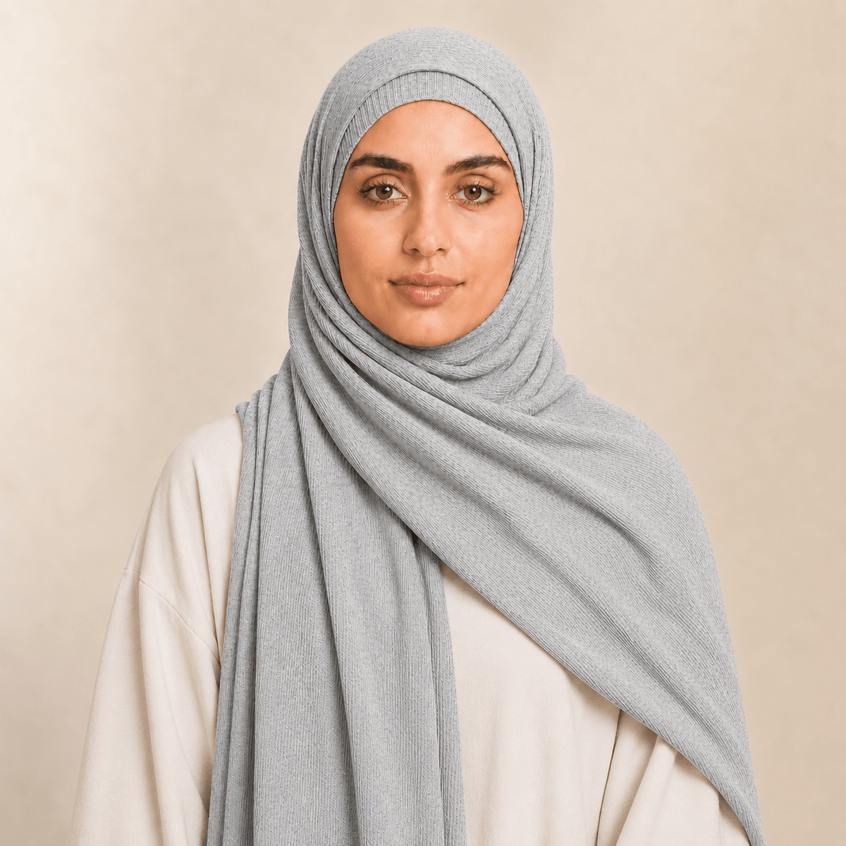 RY235 Light Heather Grey Cotton Ribbed Jersey Hijab Scarf – Soft Stretch Breathable Headscarf - Raya