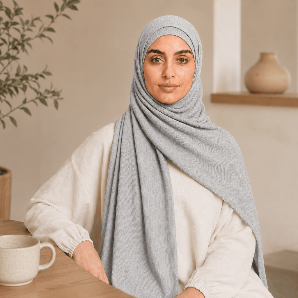 RY235 Light Heather Grey Cotton Ribbed Jersey Hijab Scarf – Soft Stretch Breathable Headscarf - Raya