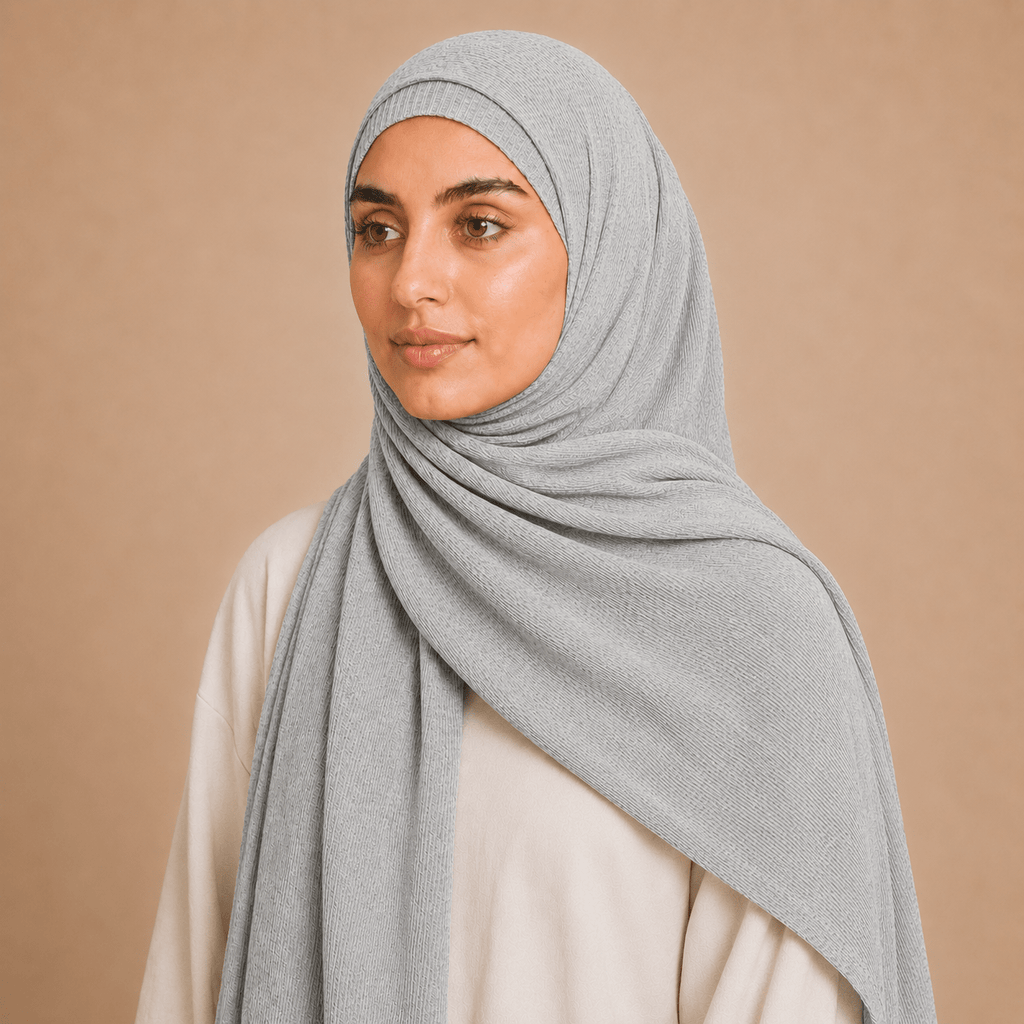 RY235 Light Heather Grey Cotton Ribbed Jersey Hijab Scarf – Soft Stretch Breathable Headscarf - Raya