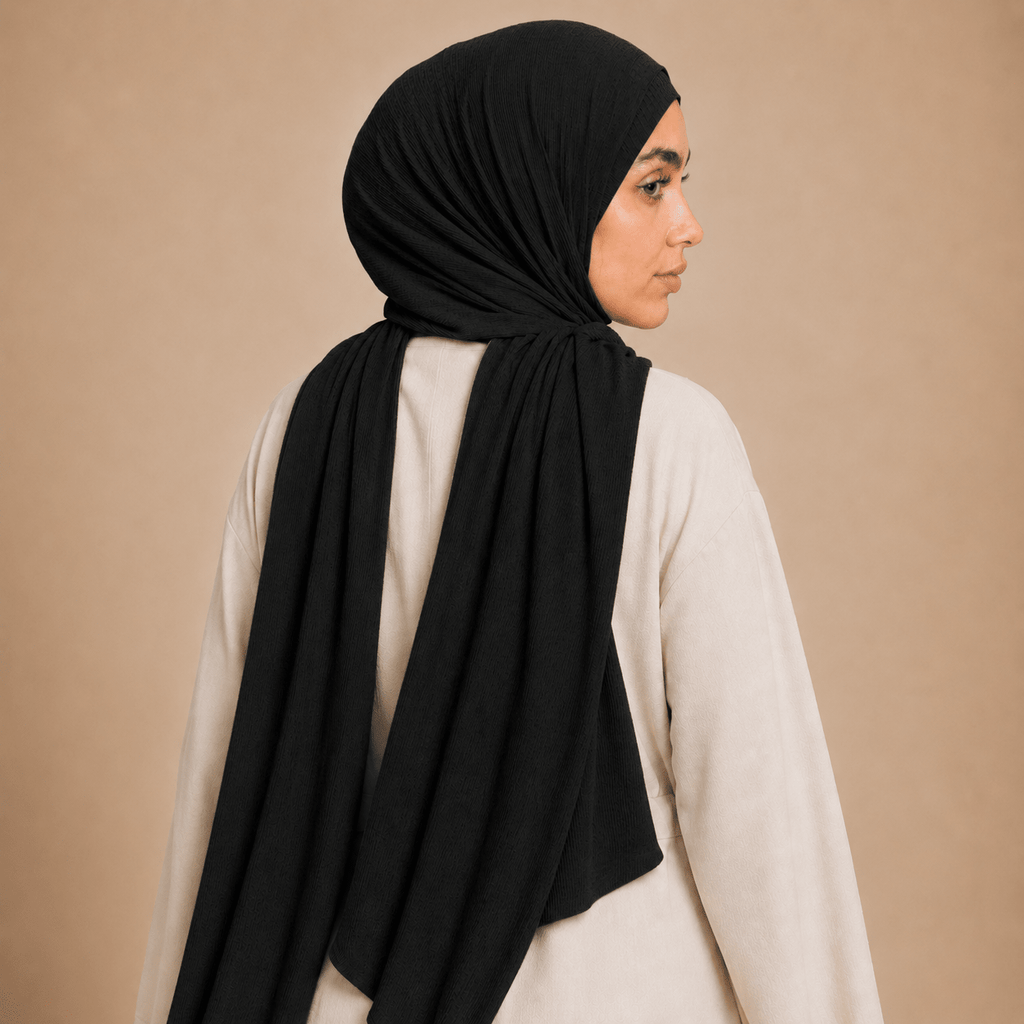 RY236 Black Cotton Ribbed Jersey Hijab Scarf – Soft Stretch Breathable Headscarf - Raya