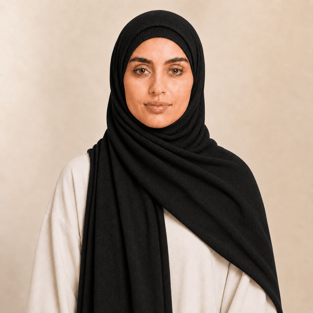 RY236 Black Cotton Ribbed Jersey Hijab Scarf – Soft Stretch Breathable Headscarf - Raya