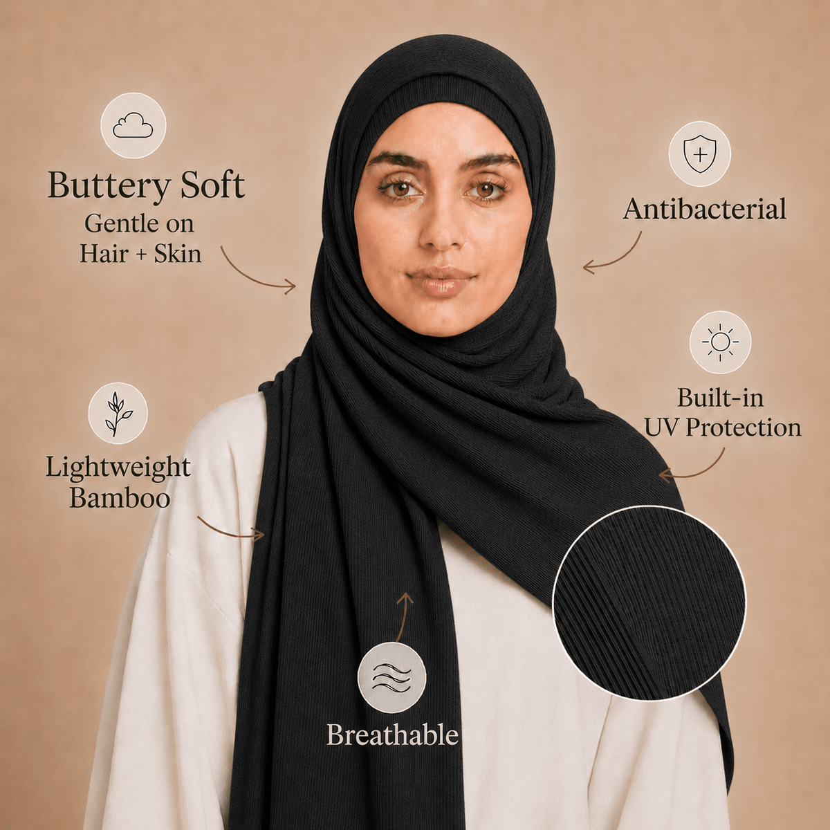 RY236 Black Cotton Ribbed Jersey Hijab Scarf – Soft Stretch Breathable Headscarf - Raya