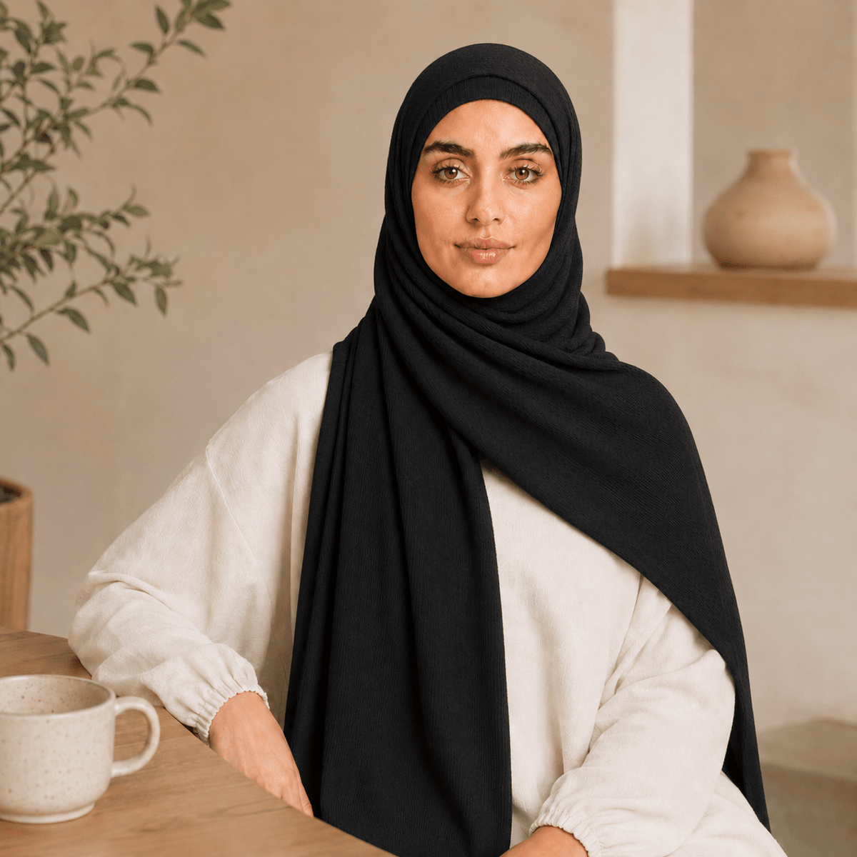 RY236 Black Cotton Ribbed Jersey Hijab Scarf – Soft Stretch Breathable Headscarf - Raya
