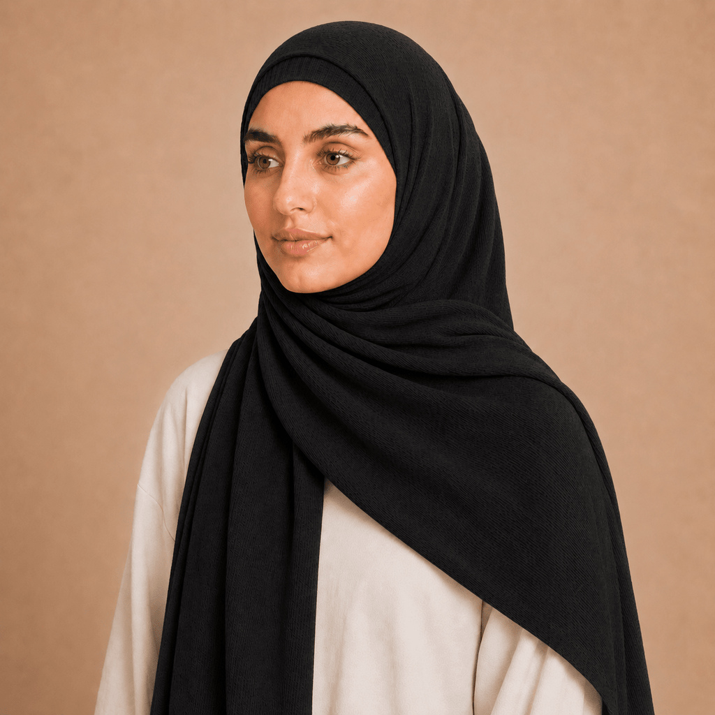RY236 Black Cotton Ribbed Jersey Hijab Scarf – Soft Stretch Breathable Headscarf - Raya