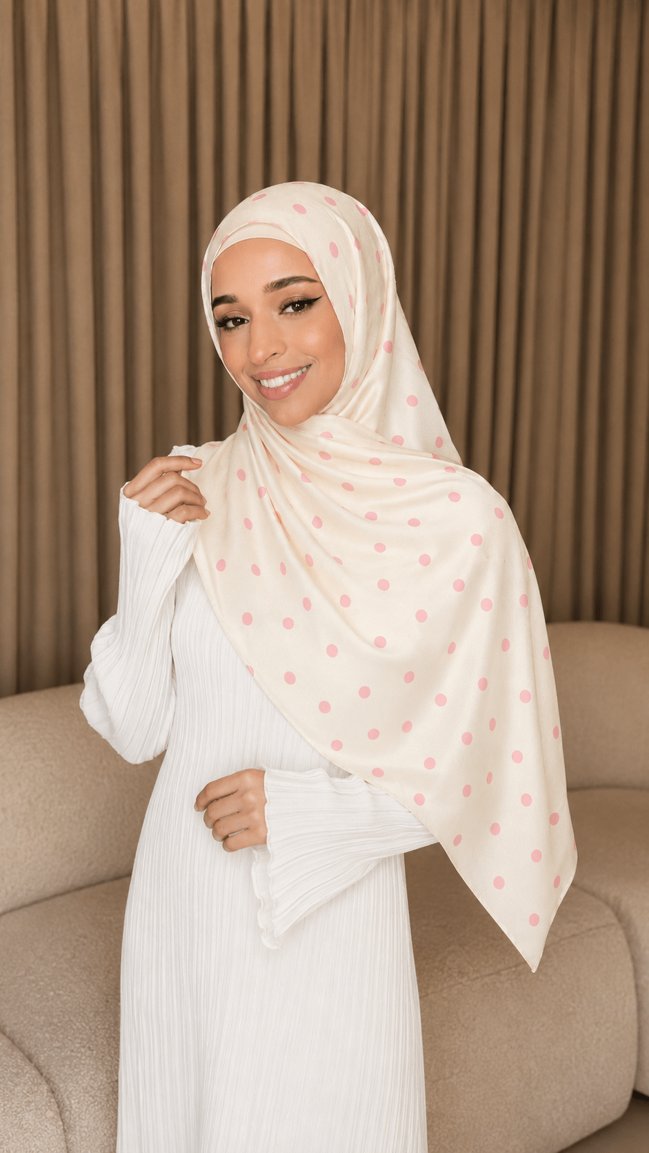 RY238 Cream Pink Polka Dot Cotton Jersey Hijab Scarf – Soft Stretch Breathable Headscarf - Raya
