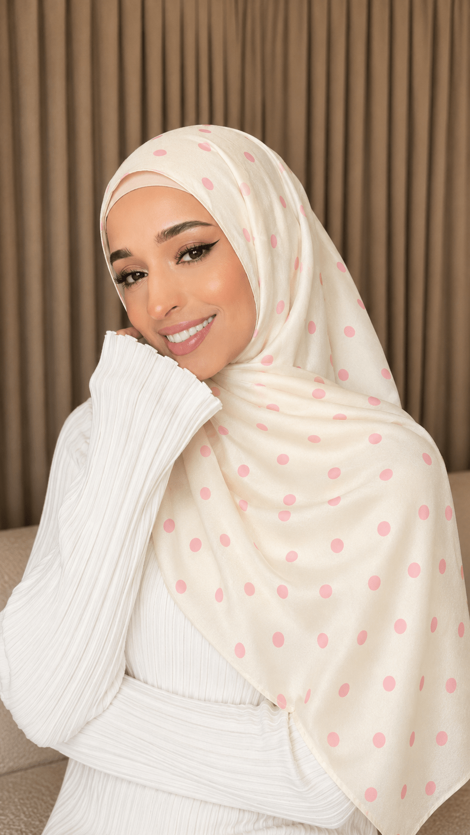 RY238 Cream Pink Polka Dot Cotton Jersey Hijab Scarf – Soft Stretch Breathable Headscarf - Raya
