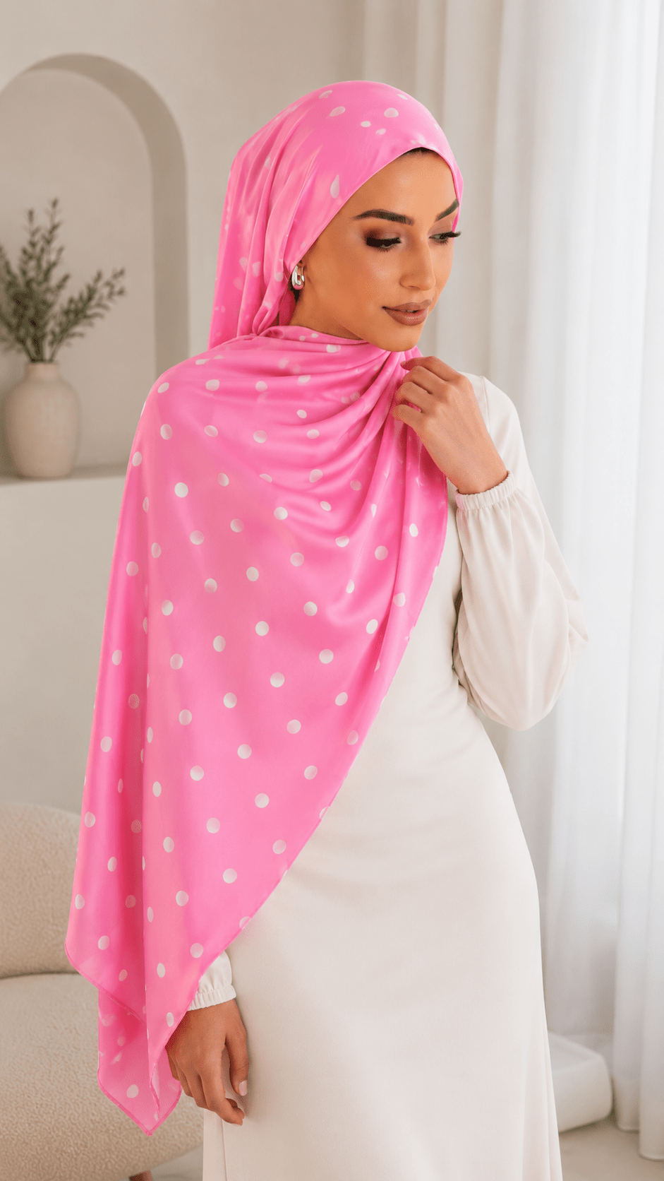RY239 Hot Pink Polka Dot Cotton Jersey Hijab Scarf – Soft Stretch Breathable Headscarf - Raya