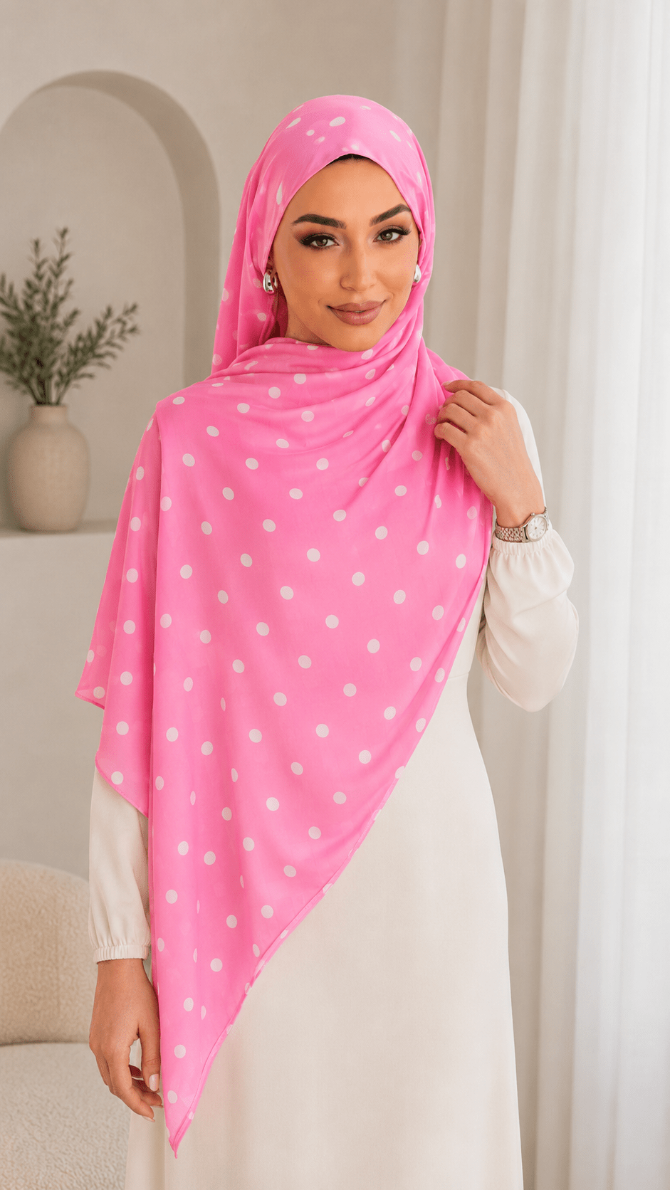 RY239 Hot Pink Polka Dot Cotton Jersey Hijab Scarf – Soft Stretch Breathable Headscarf - Raya