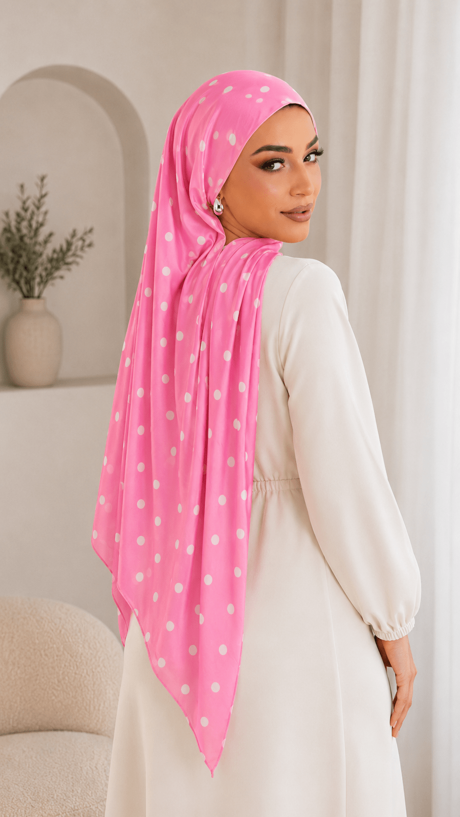 RY239 Hot Pink Polka Dot Cotton Jersey Hijab Scarf – Soft Stretch Breathable Headscarf - Raya