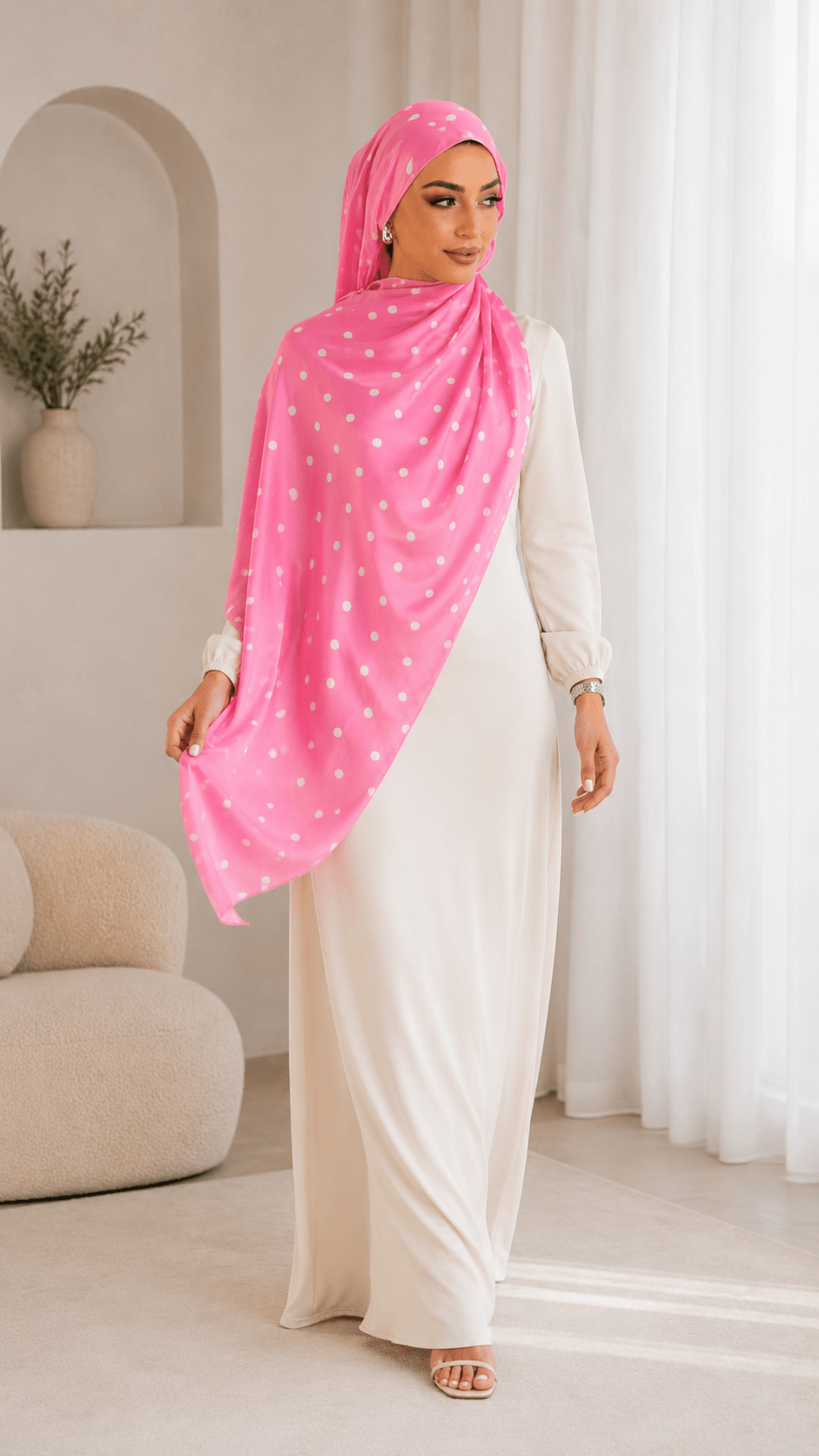 RY239 Hot Pink Polka Dot Cotton Jersey Hijab Scarf – Soft Stretch Breathable Headscarf - Raya