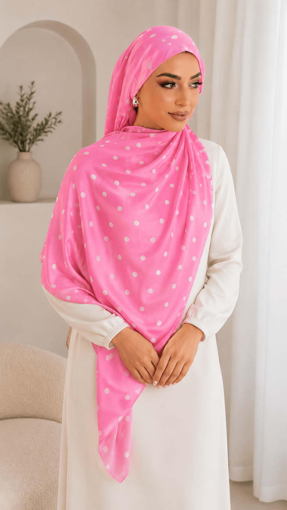 RY239 Hot Pink Polka Dot Cotton Jersey Hijab Scarf – Soft Stretch Breathable Headscarf - Raya