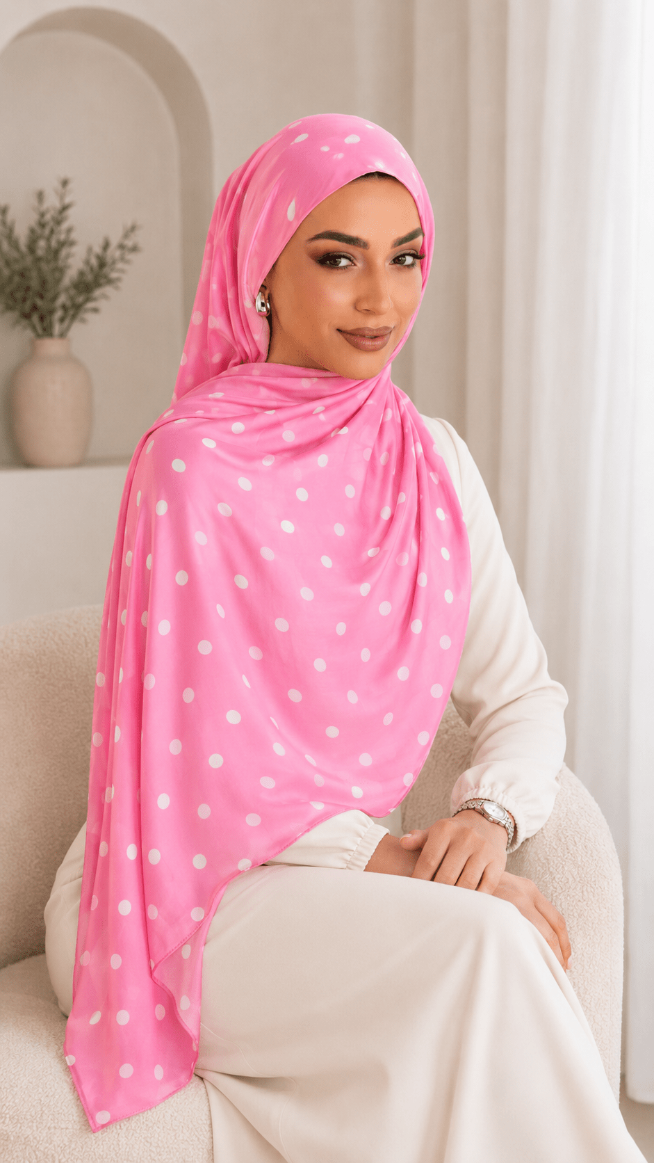 RY239 Hot Pink Polka Dot Cotton Jersey Hijab Scarf – Soft Stretch Breathable Headscarf - Raya