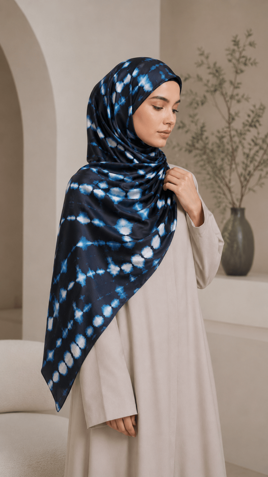 RY240 Black Blue Tie-Dye Liquid Jersey Hijab Scarf – Lightweight Stretch Drape Headscarf - Raya