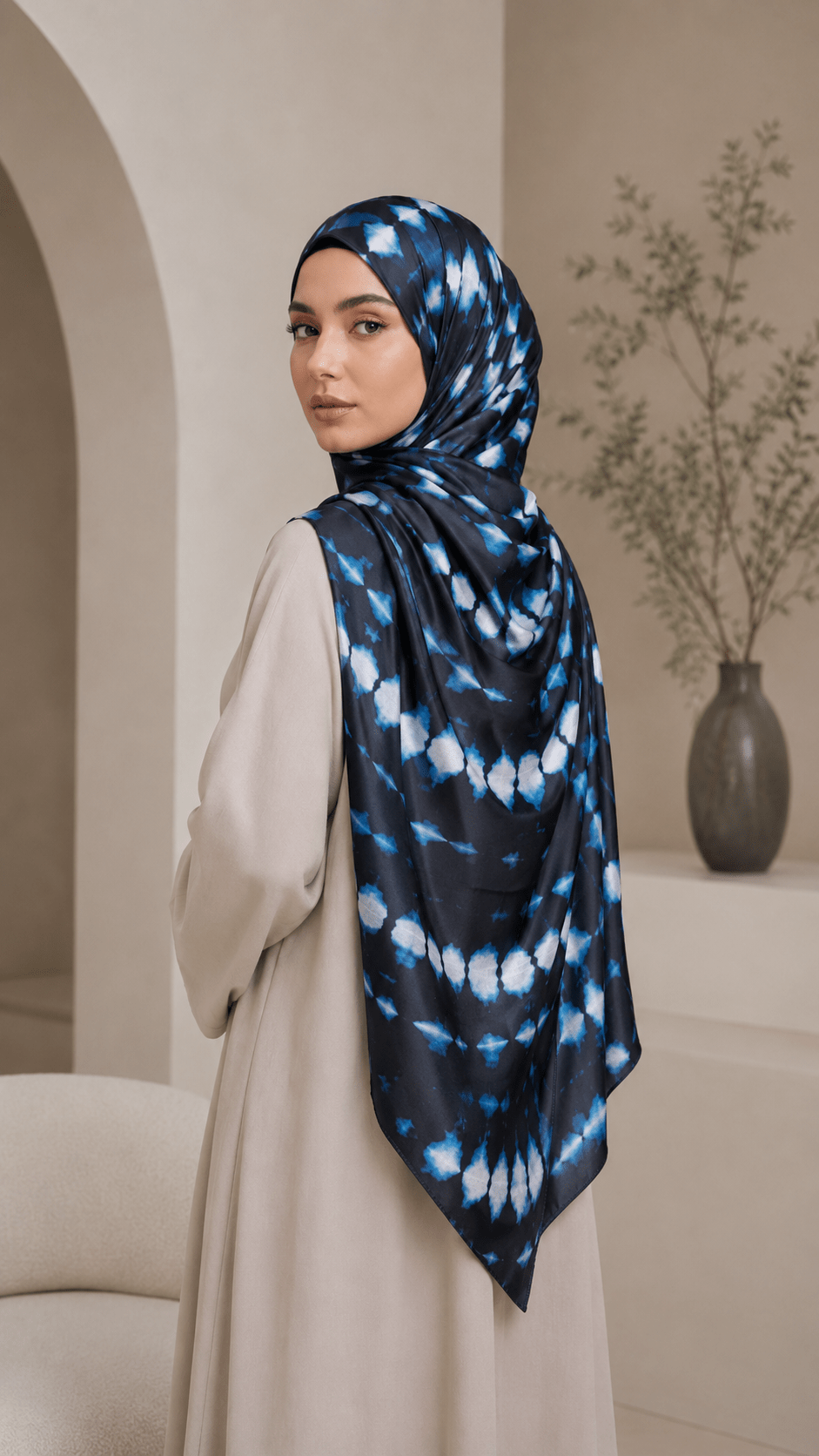 RY240 Black Blue Tie-Dye Liquid Jersey Hijab Scarf – Lightweight Stretch Drape Headscarf - Raya