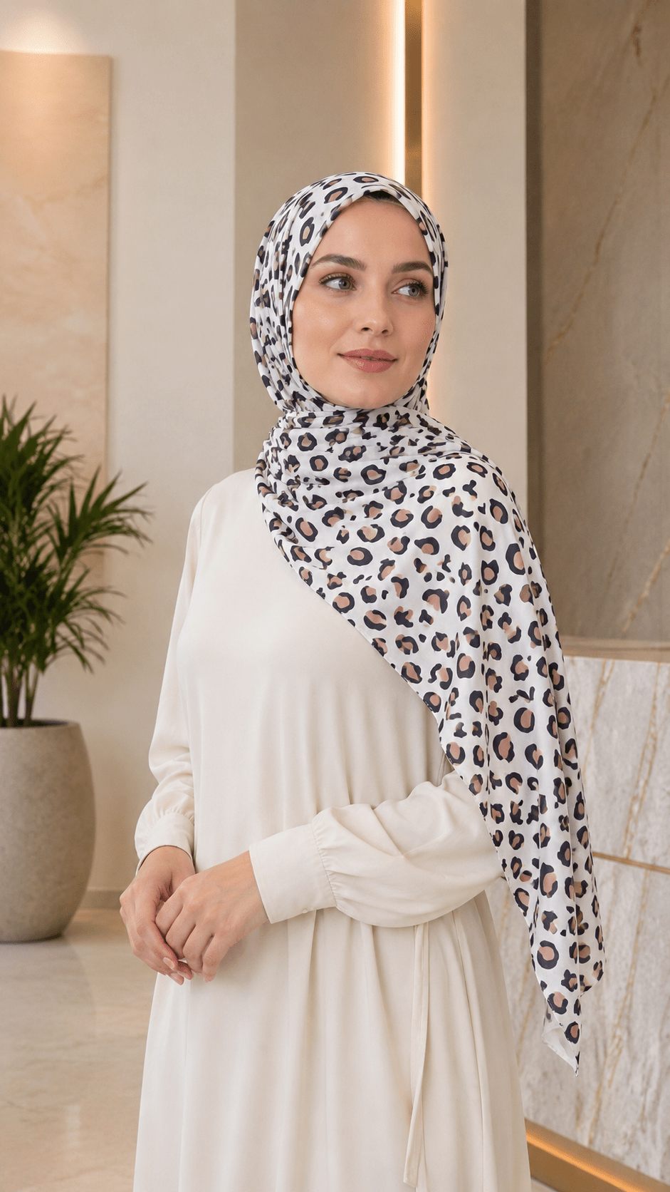 RY241 Ivory Leopard Print Liquid Jersey Hijab Scarf – Lightweight Stretch Drape Headscarf - Raya