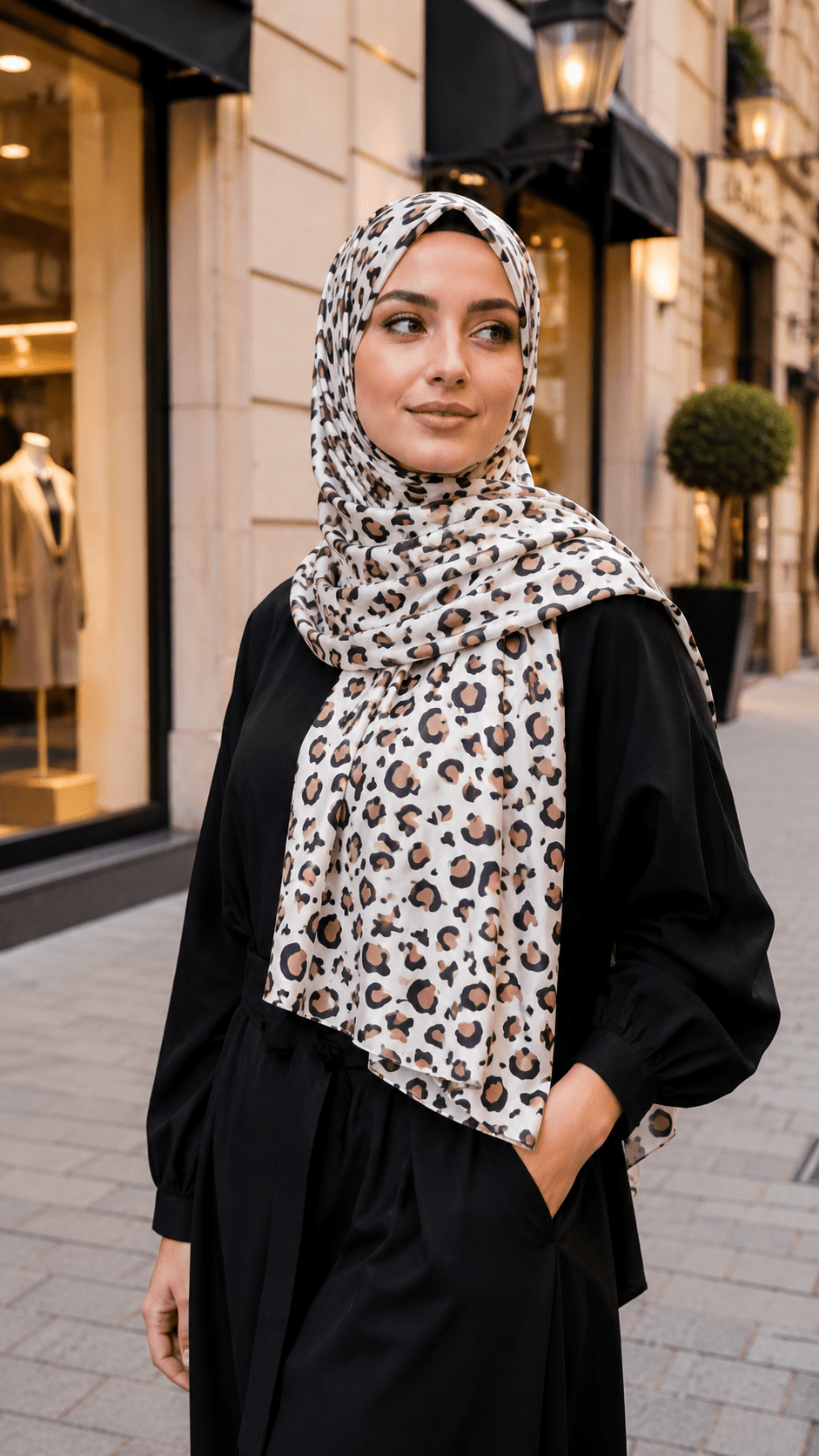 RY241 Ivory Leopard Print Liquid Jersey Hijab Scarf – Lightweight Stretch Drape Headscarf - Raya