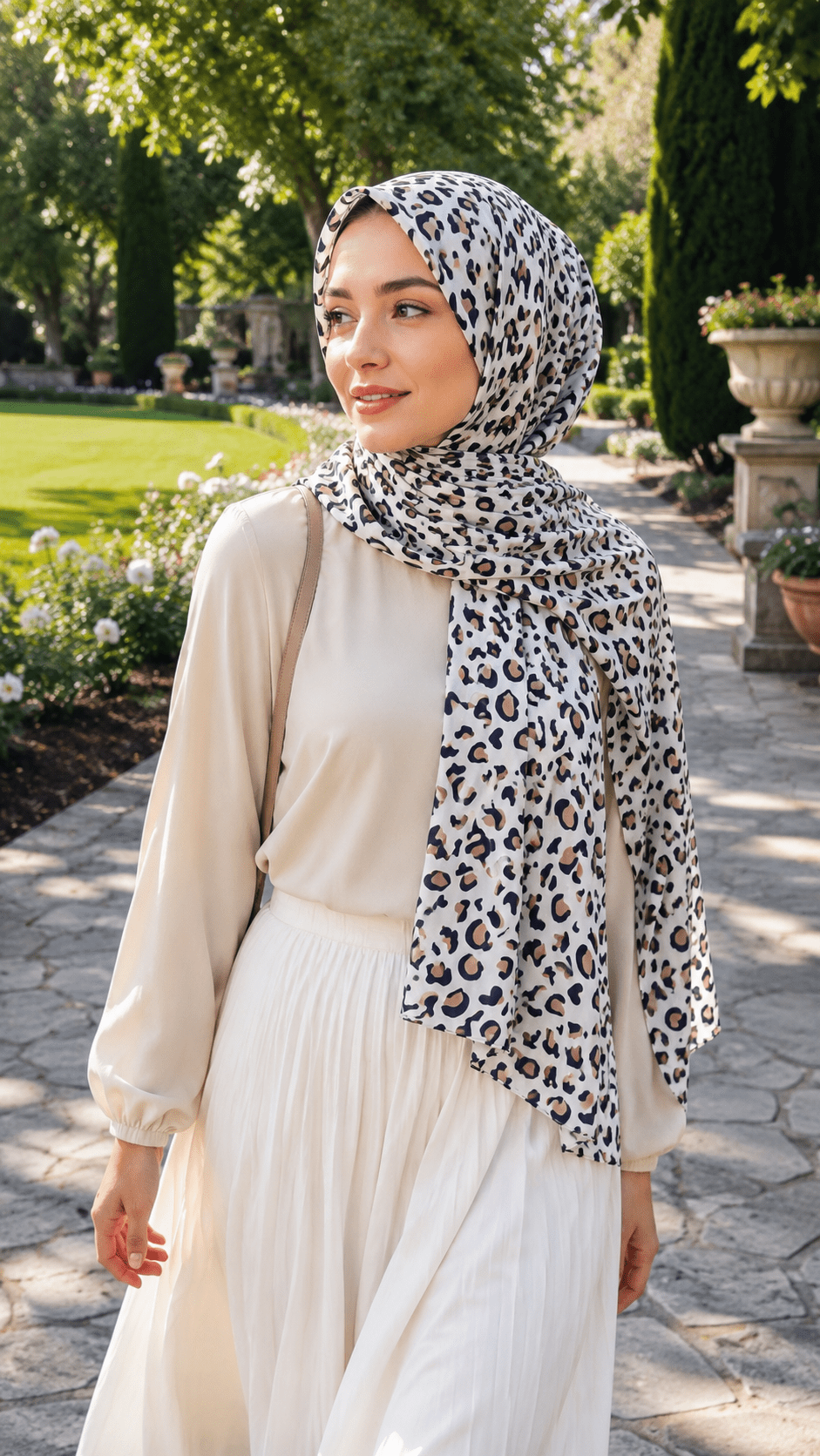 RY241 Ivory Leopard Print Liquid Jersey Hijab Scarf – Lightweight Stretch Drape Headscarf - Raya