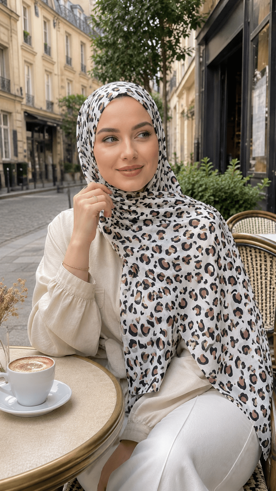 RY241 Ivory Leopard Print Liquid Jersey Hijab Scarf – Lightweight Stretch Drape Headscarf - Raya