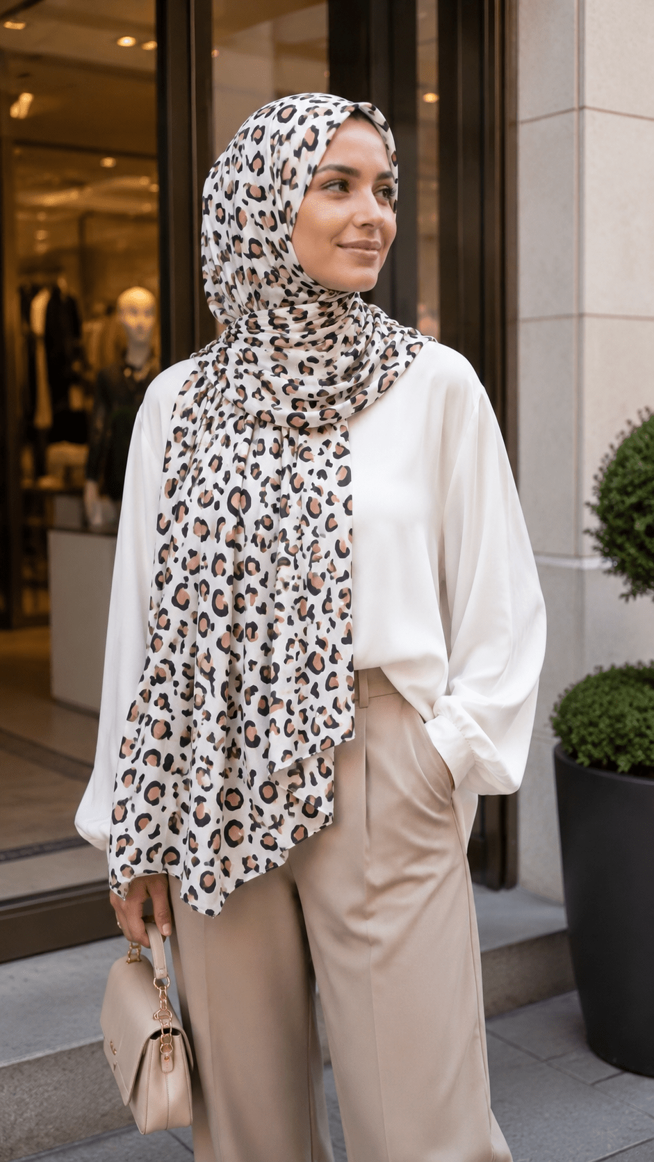 RY241 Ivory Leopard Print Liquid Jersey Hijab Scarf – Lightweight Stretch Drape Headscarf - Raya