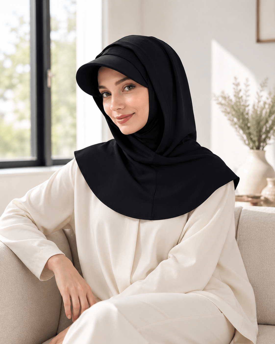 RY245 Black Full Coverage Hijab Cap with Visor – Modest Neck Cover - Raya