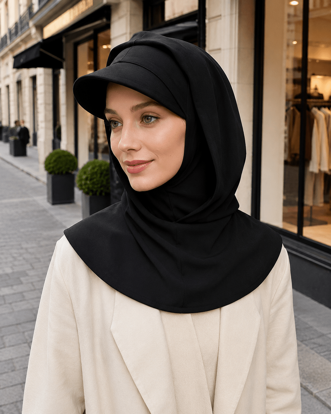 RY245 Black Full Coverage Hijab Cap with Visor – Modest Neck Cover - Raya
