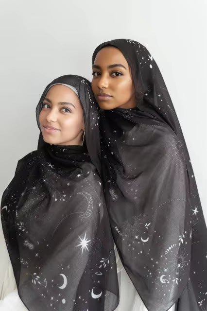 RY30 Black Celestial Star & Moon Hijab Shawl – Galaxy Print Women's Head Scarf (80×180cm) - Raya