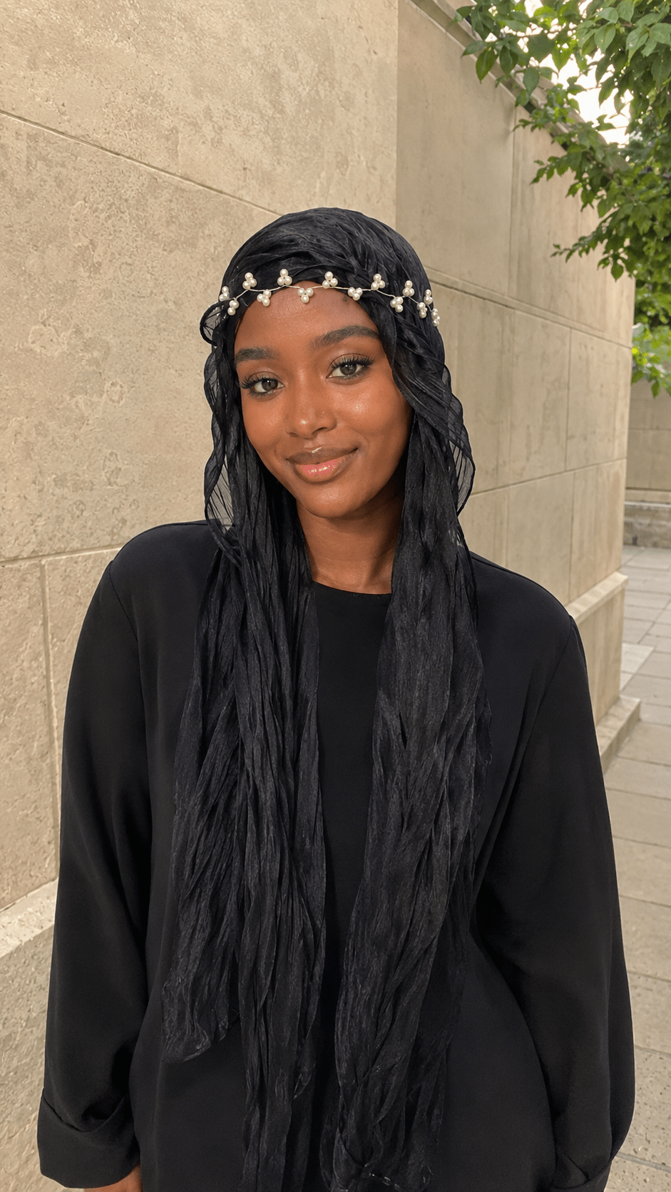 RY301 Black Glossy Crinkle Tulle Hijab Scarf – Lightweight Long Wavy Edge Headscarf - Raya