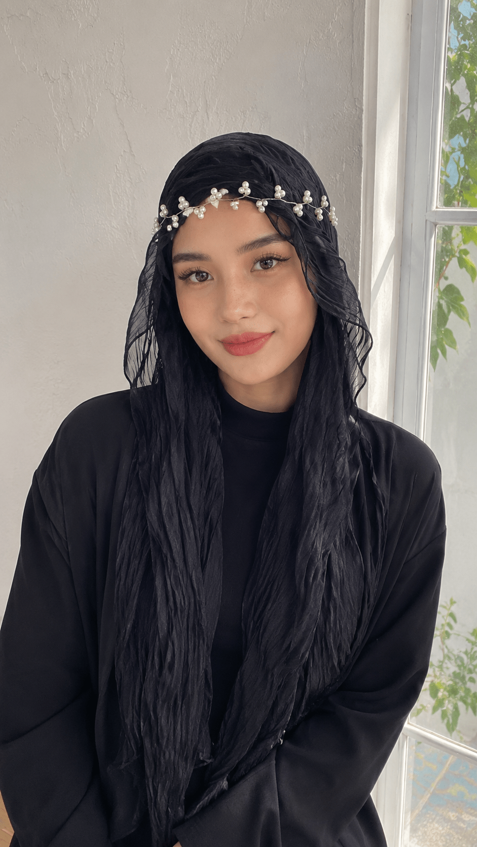RY301 Black Glossy Crinkle Tulle Hijab Scarf – Lightweight Long Wavy Edge Headscarf - Raya