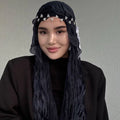 RY301 Black Glossy Crinkle Tulle Hijab Scarf – Lightweight Long Wavy Edge Headscarf - Raya