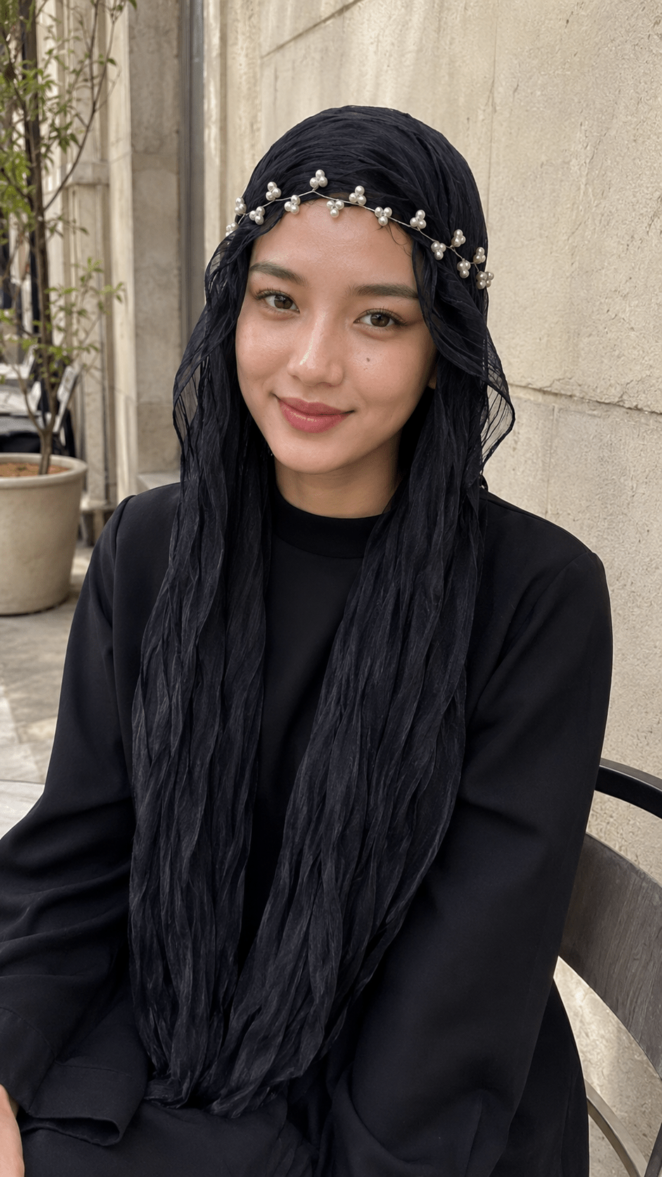RY301 Black Glossy Crinkle Tulle Hijab Scarf – Lightweight Long Wavy Edge Headscarf - Raya