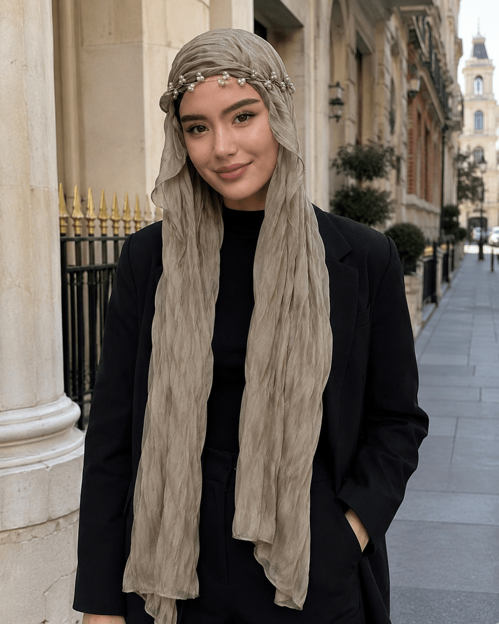 RY302 Light Taupe Crinkled Tulle Hijab Scarf – Glossy Stretch Breathable Headscarf - Raya
