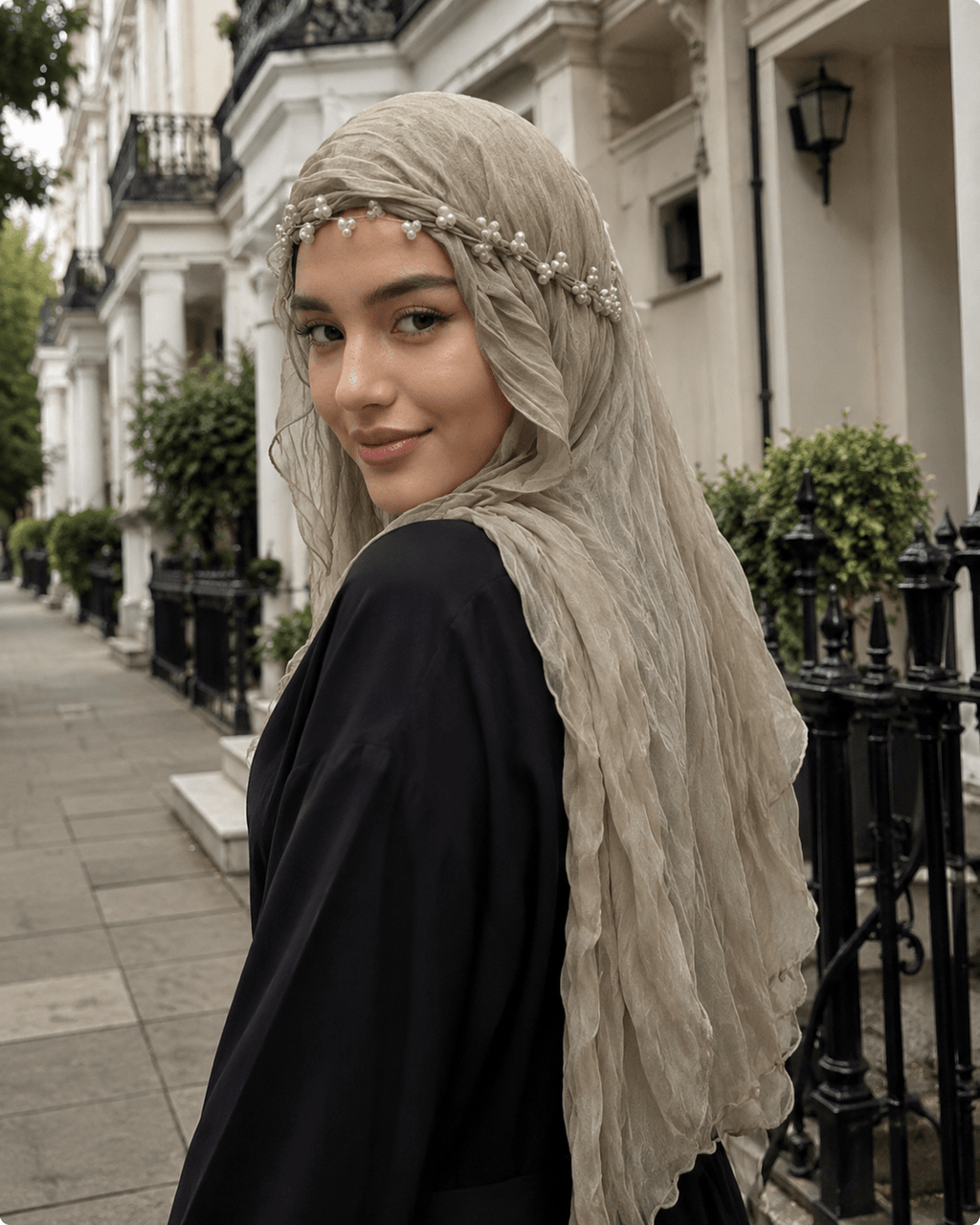 RY302 Light Taupe Crinkled Tulle Hijab Scarf – Glossy Stretch Breathable Headscarf - Raya