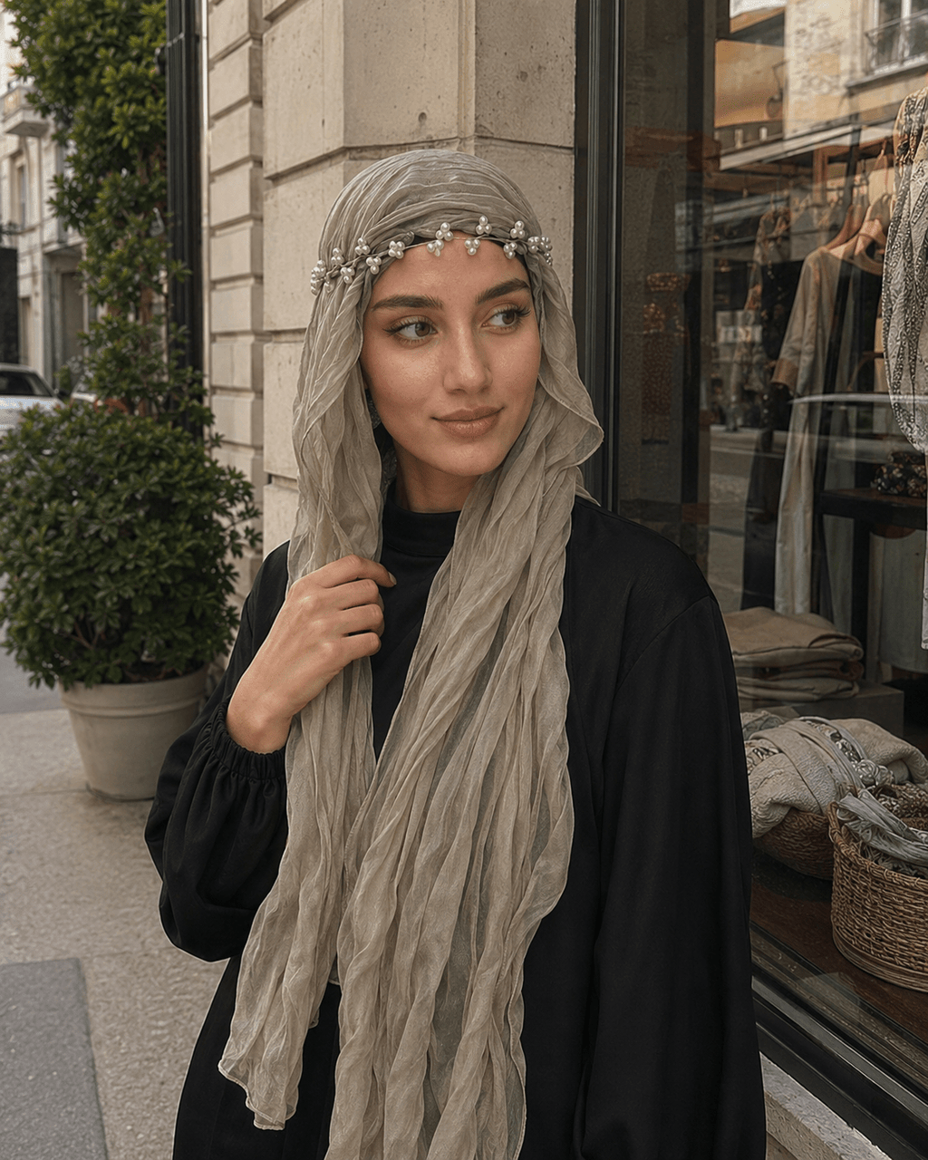RY302 Light Taupe Crinkled Tulle Hijab Scarf – Glossy Stretch Breathable Headscarf - Raya