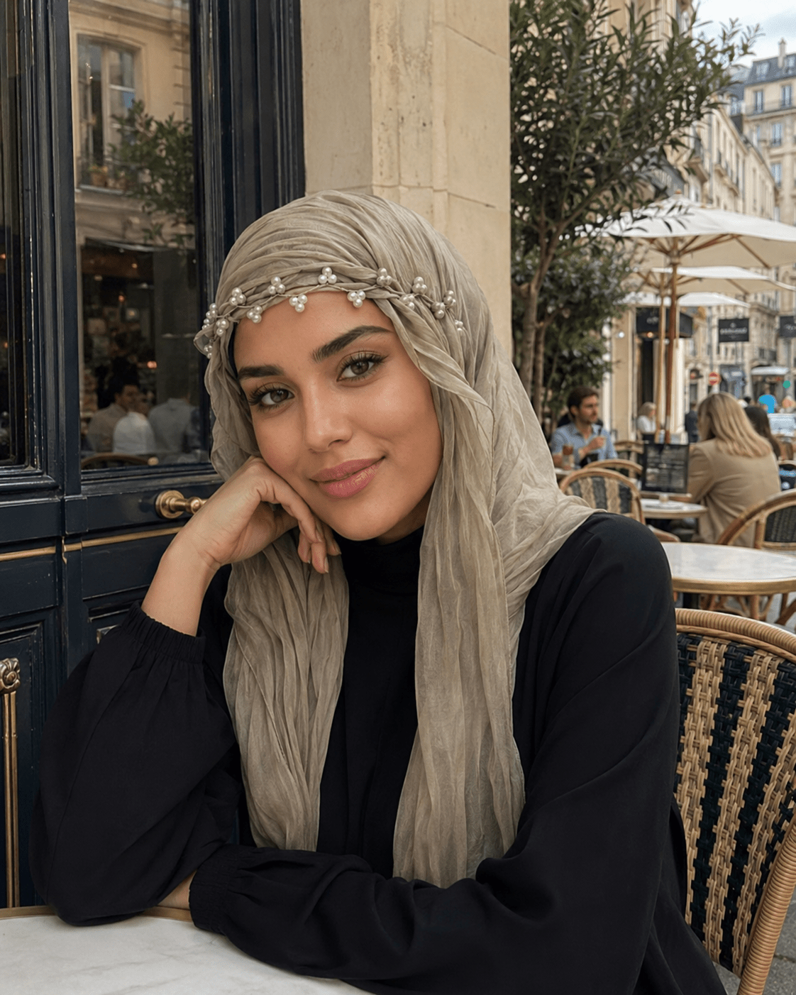RY302 Light Taupe Crinkled Tulle Hijab Scarf – Glossy Stretch Breathable Headscarf - Raya