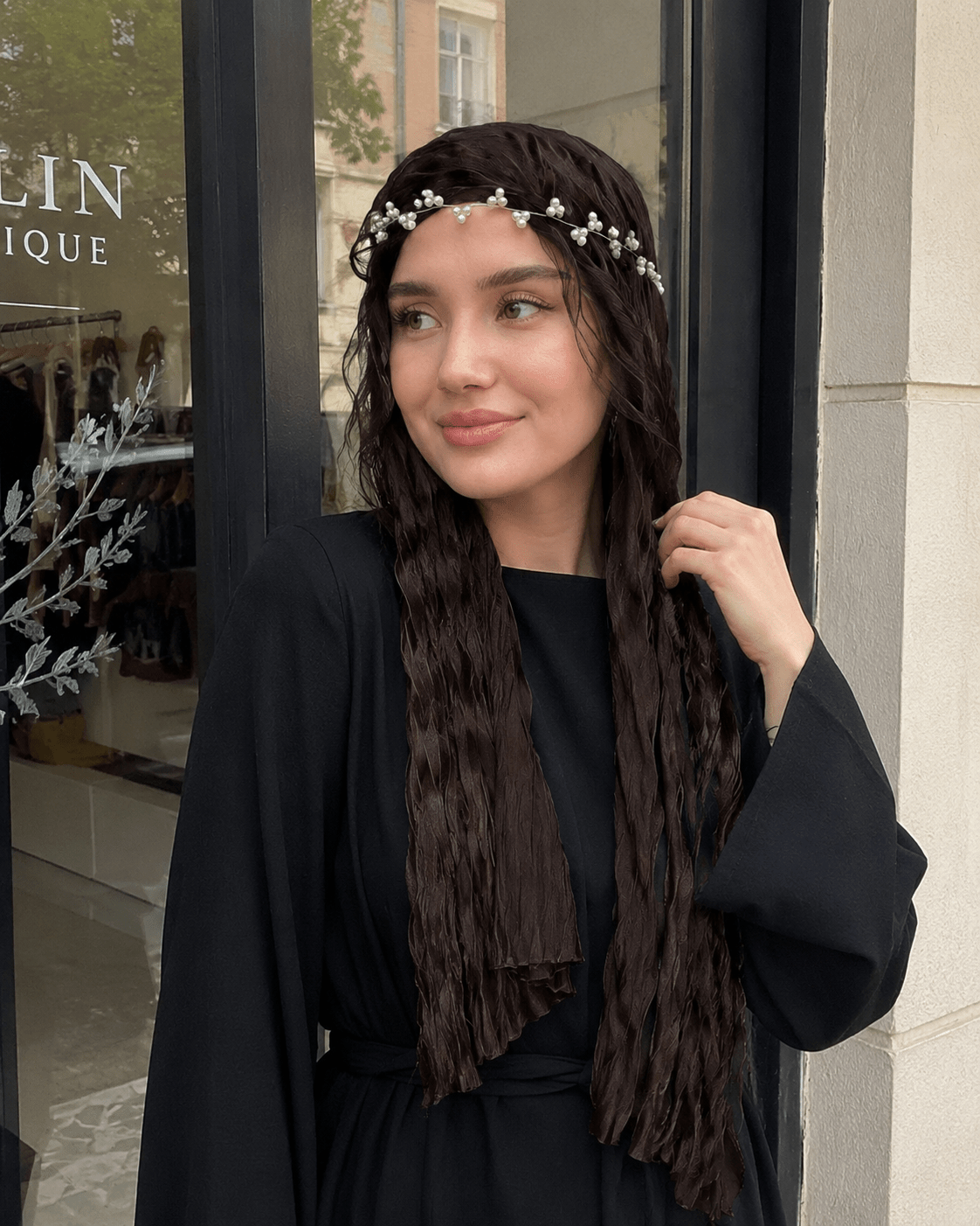 RY303 Dark Coffee Crinkled Tulle Hijab Scarf – Glossy Stretch Breathable Headscarf - Raya