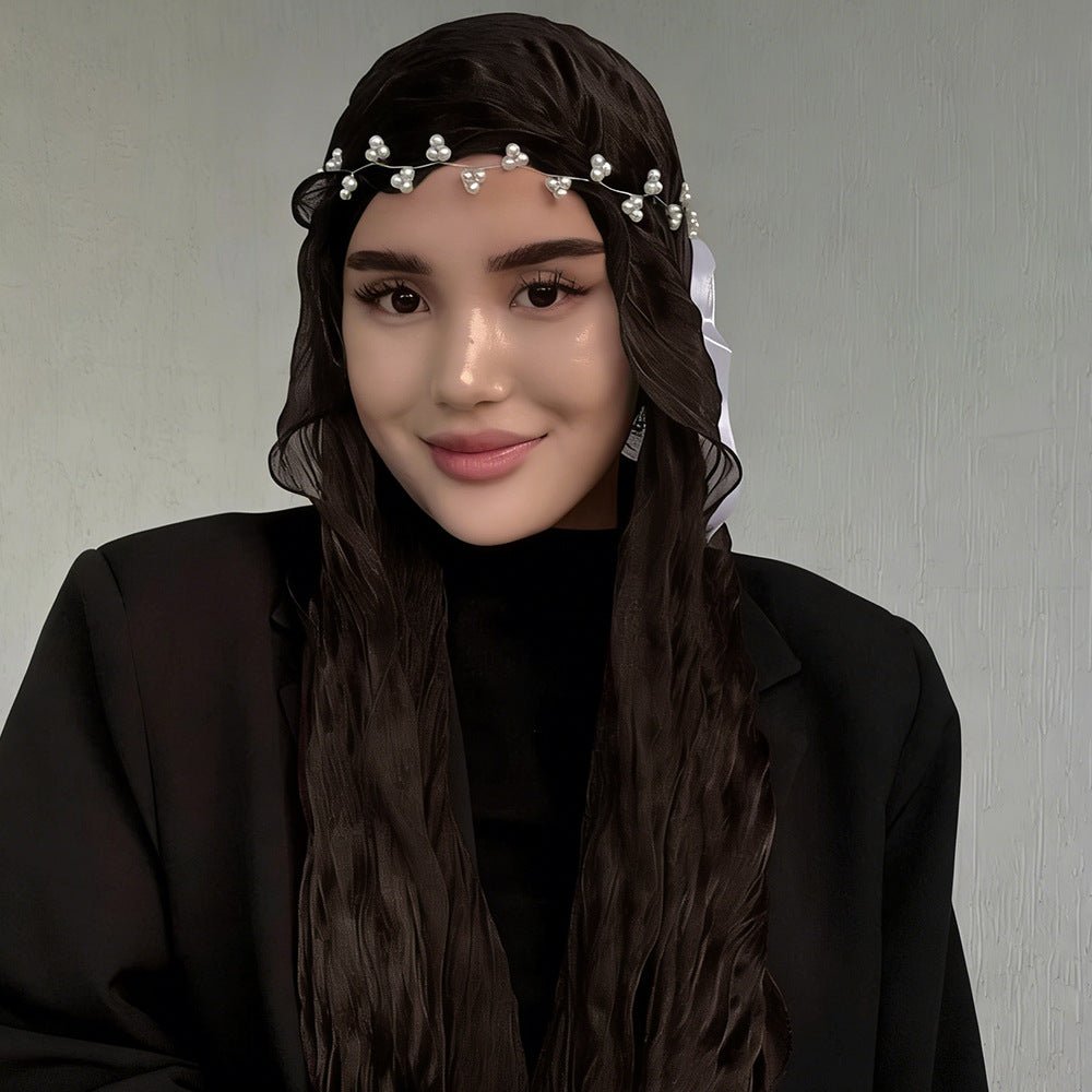 RY303 Dark Coffee Crinkled Tulle Hijab Scarf – Glossy Stretch Breathable Headscarf - Raya