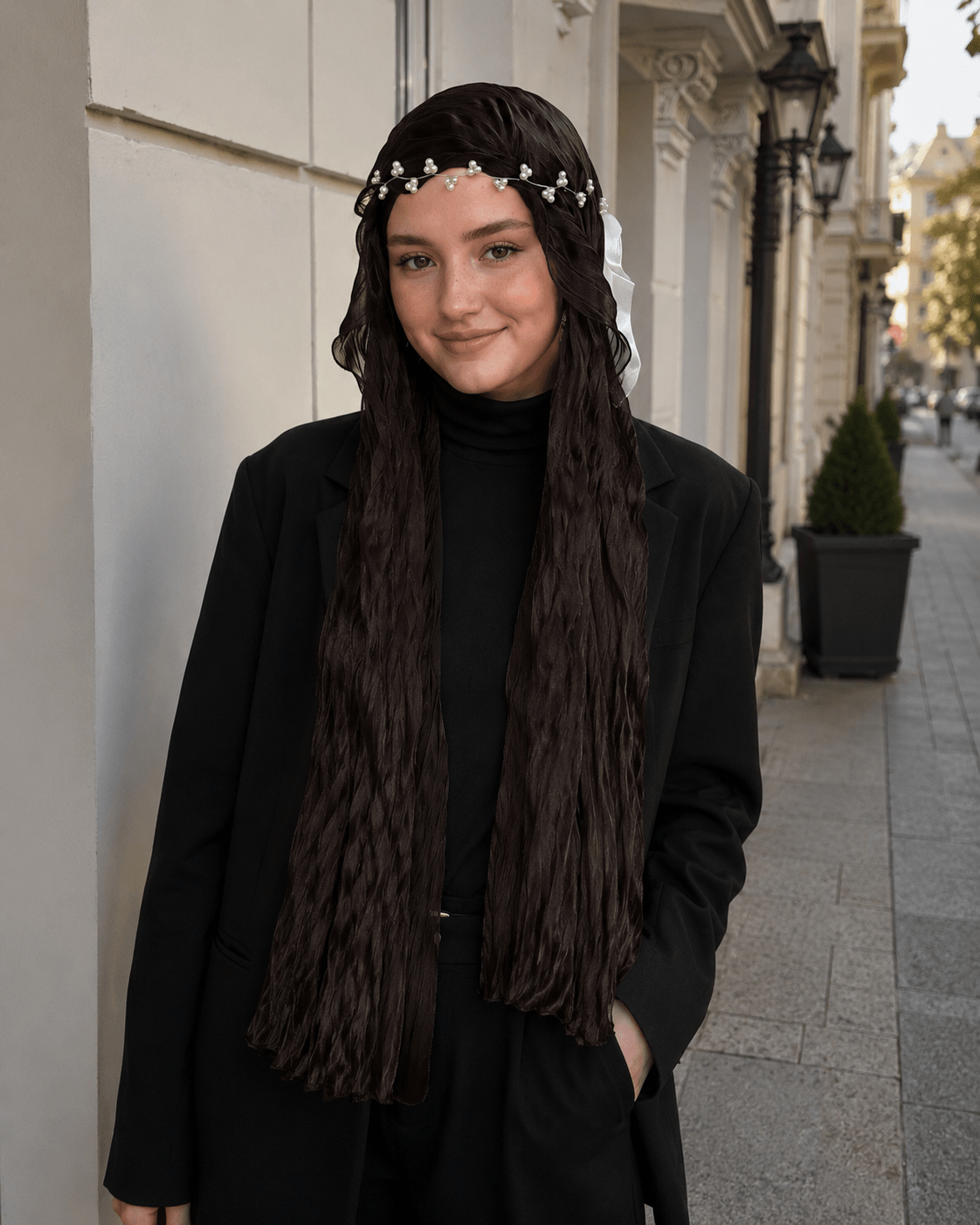 RY303 Dark Coffee Crinkled Tulle Hijab Scarf – Glossy Stretch Breathable Headscarf - Raya