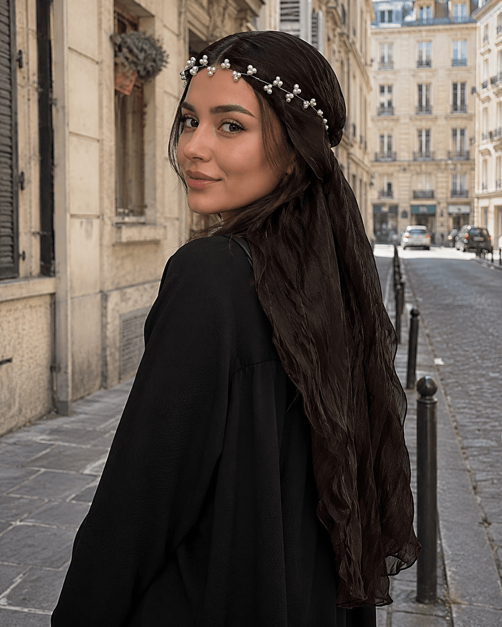 RY303 Dark Coffee Crinkled Tulle Hijab Scarf – Glossy Stretch Breathable Headscarf - Raya