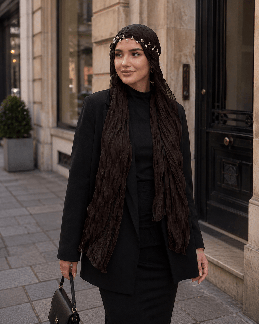 RY303 Dark Coffee Crinkled Tulle Hijab Scarf – Glossy Stretch Breathable Headscarf - Raya